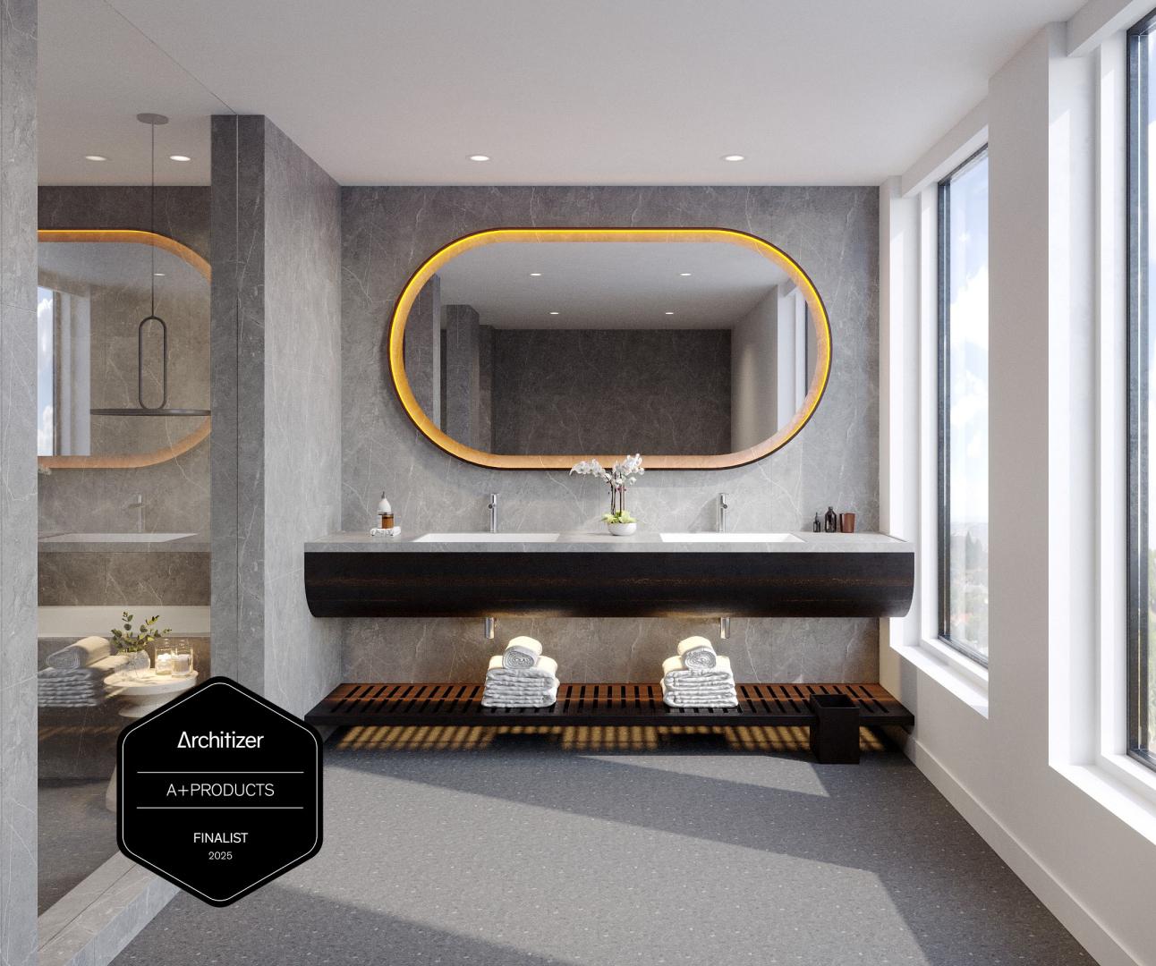A hotel spa with a large mirror and vanity, installed is grey AssurGrip Rx