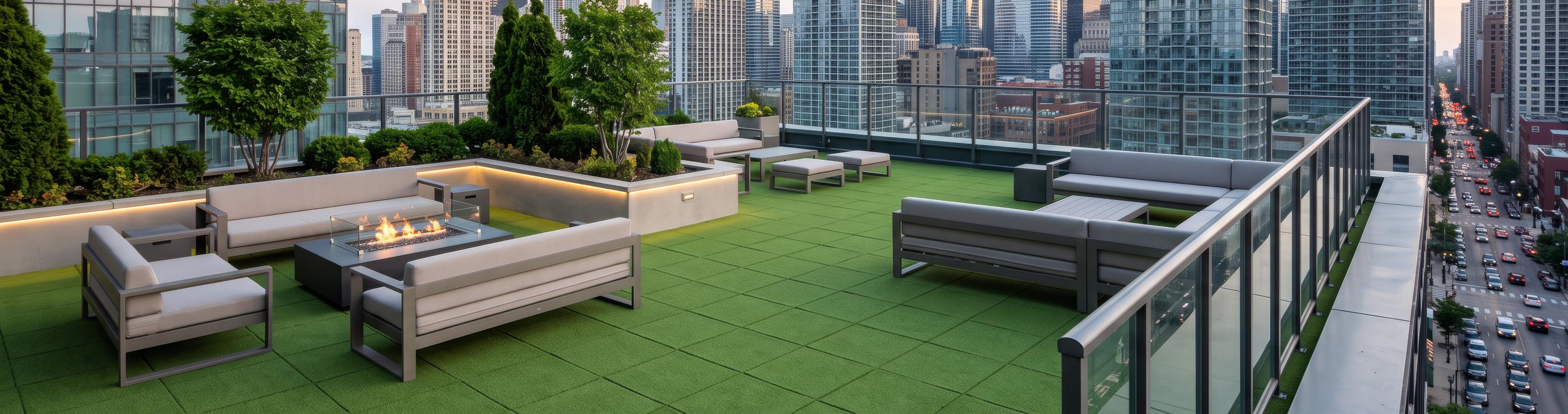 Outdoor Turf rooftop patio in a large city